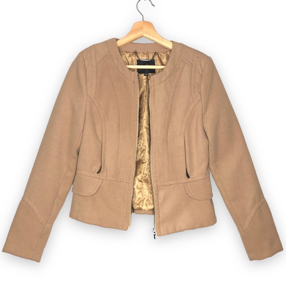 EXPRESS Women's Tan Zip-up Jacket Blazer Crew Neck Long Sleeves office career